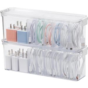 2 Pack Cord Organizer Box for Desk Drawer, Clear Phone Charger Cable Storage Container with Lid