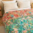 Boho Throw Blanket - 90"x90" 100% Cotton Ultra Soft Lightweight Spring Blanket, 4-Layer Breathable Muslin Blankets for Bed Couch, Reversible Green Floral Printed Bohemian Cotton Quilt