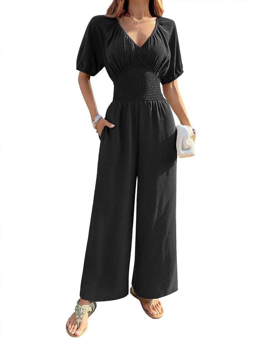 BB&KK Women's Summer Jumpsuit Dressy Short Sleeve V-Neck Smocked High Waist Wide Leg Pants One Piece Romper with Pockets (Black), Small