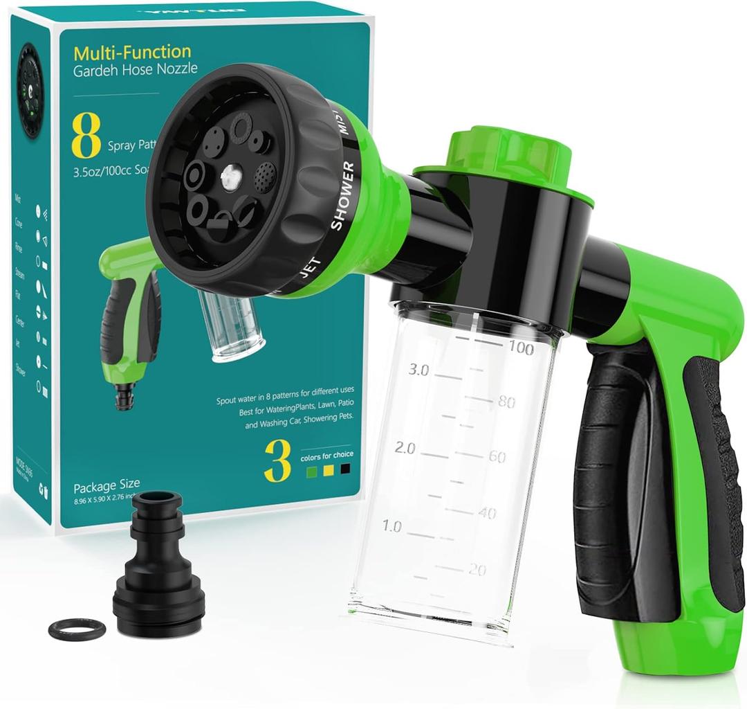 Garden Hose Nozzle, High Pressure Spray Gun Nozzle, 8 Spray Patterns for Watering Plants, Lawn, Patio, Cleaning, Showering Pet with 3.5oz/100cc Soap Dispenser Bottle (Green)