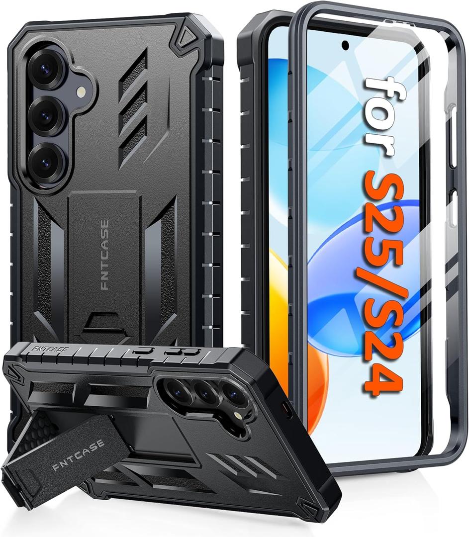 FNTCASE for Samsung Galaxy S25 Case: for Galaxy S24 Case with [Built-in Screen Protector & Kickstand] [Military-Grade Drop Protection] Heavy Duty Protective Full Body Shockproof TPU Phone Cover Black