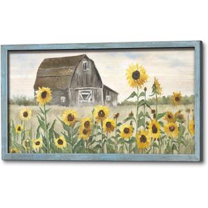 Countryside Barn Framed Wall Art: Rustic Farmhouse Painting Yellow Sunflowers Wooden Picture Artwork for Living Room Bedroom Kitchen Decor