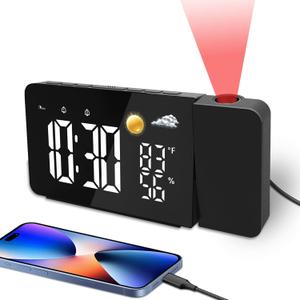 uzoli Projection Alarm Clock for Bedroom Ceiling, Digital Projection Clock with USB Port, Temperature, Humidity, Battery Backup, Adjustable Loud Alarm Clock for Heavy Sleeper, Rotatable Projector