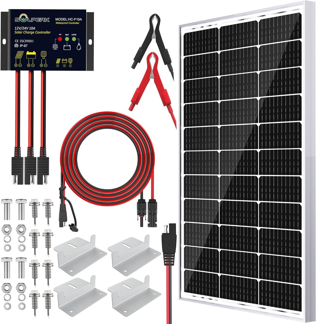 SOLPERK Solar Panel Kit 100W 24V, Intelligent Waterproof 10A PWM Controller, Home Outdoor Solar Battery Charger for RV Car Boat Marine Tractor Camping, 24 Volt Batteries Solar Panel Charger