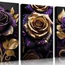 3pcs Purple Gold Rose Canvas Wall Art Abstract Rose Floral Pictures Wall Decor Elegant Blossom Gold And Purple Posters Prints Paintings for Living Bedroom Bathroom Decoration Ready To Hang (24L" x 16W"-Canvas)