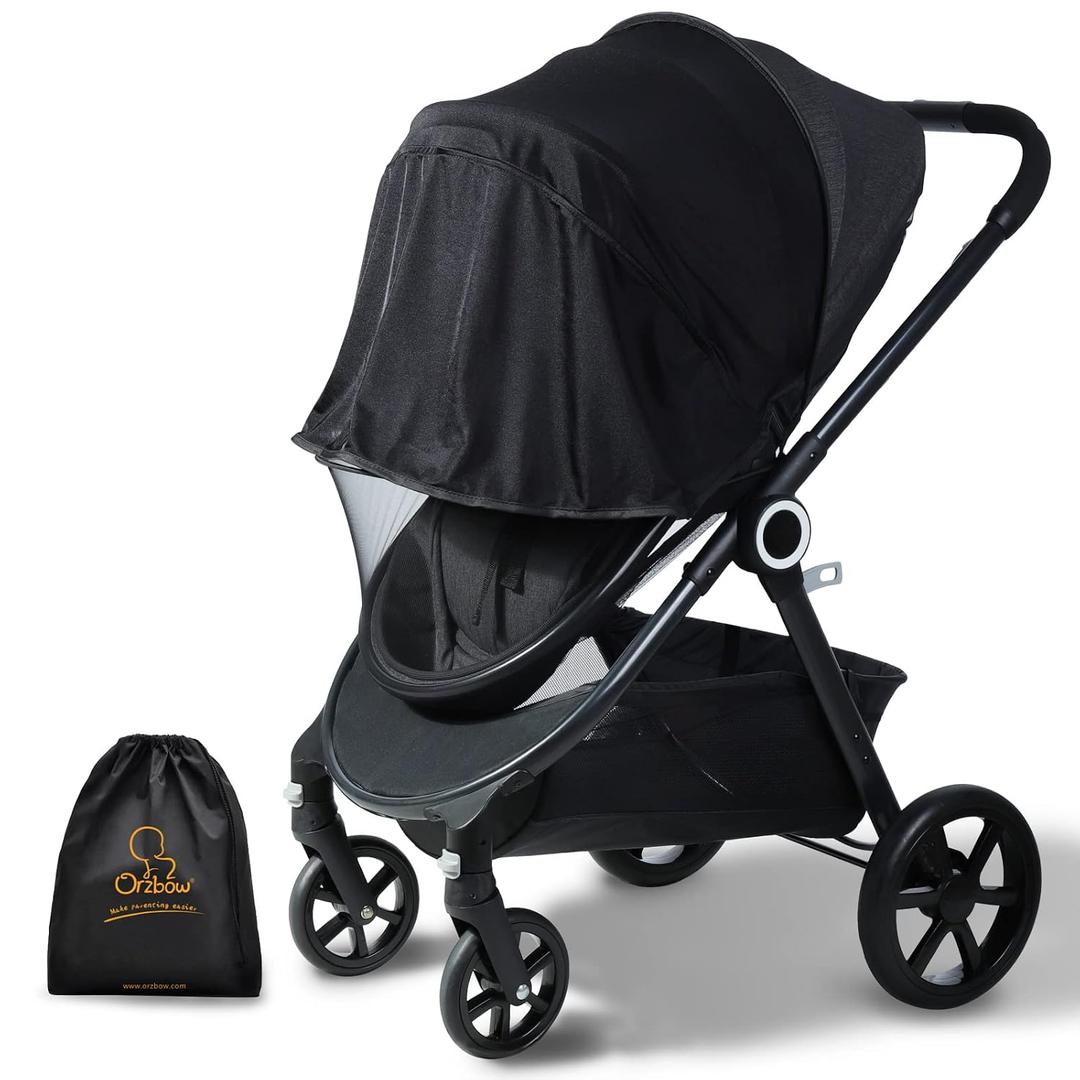 Orzbow Baby Mosquito Net with Sun Shade UPF50+ for Stroller, Universal Stroller Mosquito Netting Privacy Cover with Two-Way Zipper and Storage Bag for Car Seats, Baby Summer Travel Essentials, Black