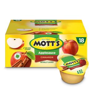Mott's Cinnamon Applesauce, 4 Oz Cups, 18 Count, No Artificial Flavors, Good Source Of Vitamin C, Nutritious Option For The Whole Family, BB 03-05-27