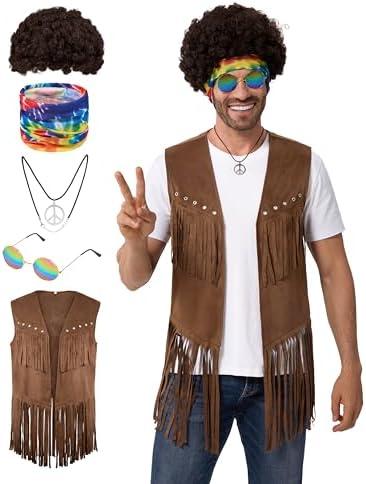 Spooktacular Creations 5 Pcs Halloween Men Hippie Vest Costume Set with Wig for Adult Halloween Costume Cosplay Party, S