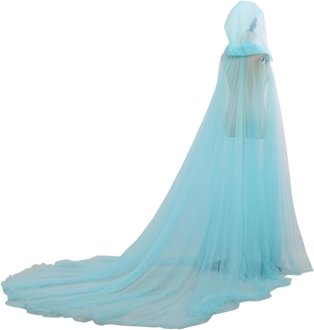 Women Wedding Tulle Cape Hooded Elf Cloak Bridal Dress Robe with Long Train, Size: Plus length about 90''