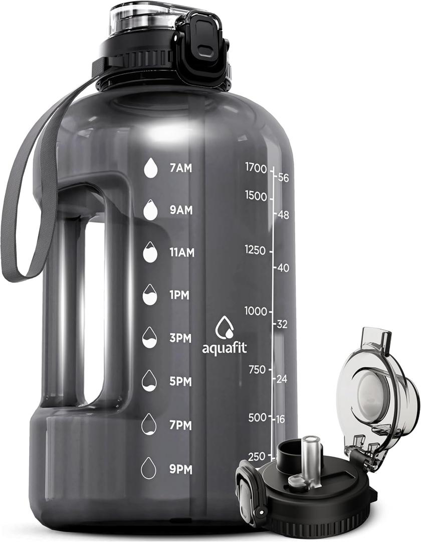 AQUAFIT Half Gallon Water Bottle with Time Marker - Straw & Chug Lid - BPA Free Gym Water Bottle with Straw - Big Gallon Jug (Gray, 64 oz - 2in1 Lid)