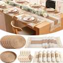 6 Sets Boho Decoration Placemats Round Woven Placemats, Cloth Napkins, Wood Bead Napkin Rings, Long Table Runner and Farmhouse Burlap Cotton for Table Kitchen (Khaki,12x72)