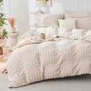 HYMOKEGE Beige Queen Comforter Set Seersucker 7 Pieces, All Season Luxury Bed in a Bag for Bedroom, Bedding Set with Comforters, Sheets, Pillowcases & Shams, Size: Queen(88"x 88")