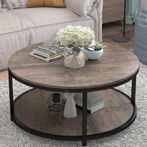 NSdirect Round Coffee Table, 36" Coffee Table for Living Room, 2-Tier Rustic Wood Desktop with Storage Shelf Modern Design Home Furniture(Dark Walnut) (36 in, Walunt)