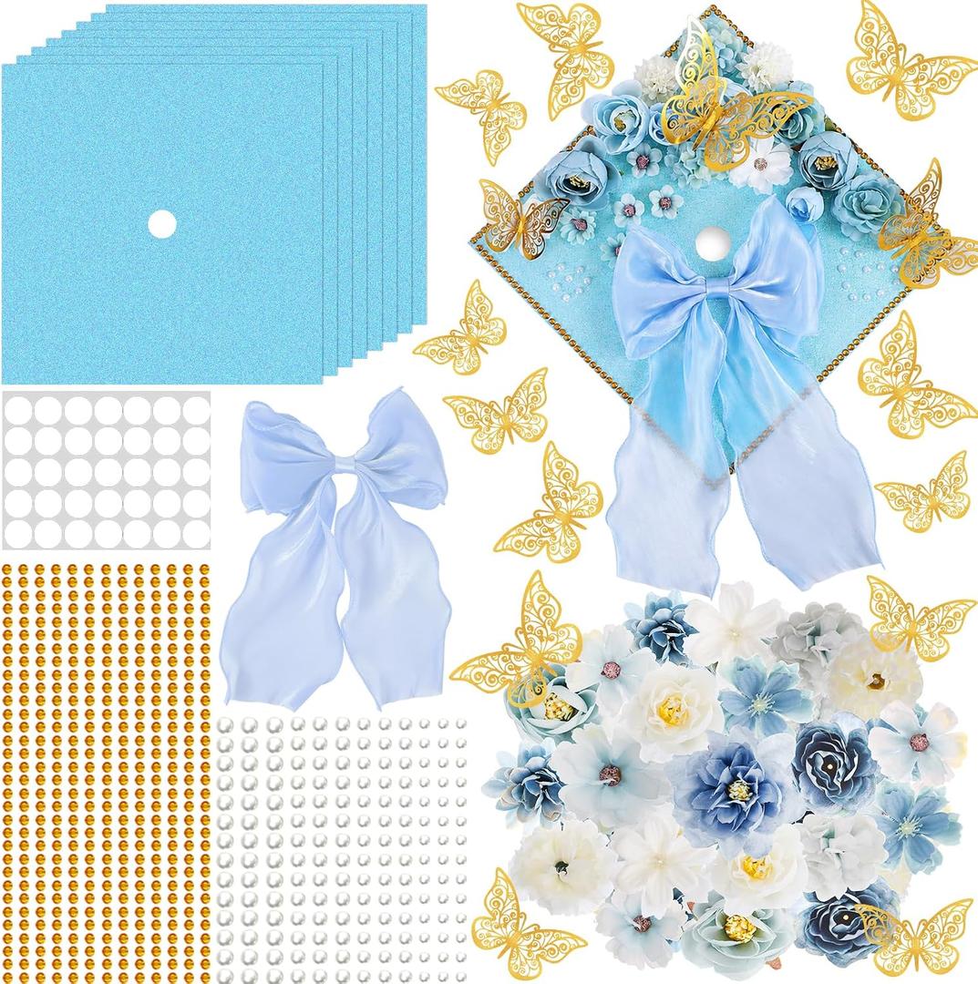 2 x 45 PCS DIY Graduation Cap Decoration Kit - 8 Cream Construction Paper with Artificial Flower Heads Bow 3D Butterfly Pearl Adhesive Dots Rhinestone Stickers for Grad Hat Topper DIY (Light Blue)