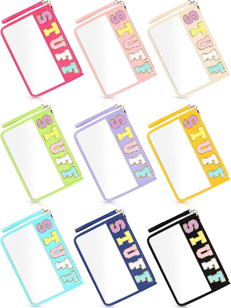 Nuanchu 9 Pcs 11.8 x 7.8 Inch Clear Stuff Pouch for Travel Makeup Chenille Letter Bags PVC Waterproof, Cosmetic Pouch Preppy Gifts for Mom Teacher Nurse Team