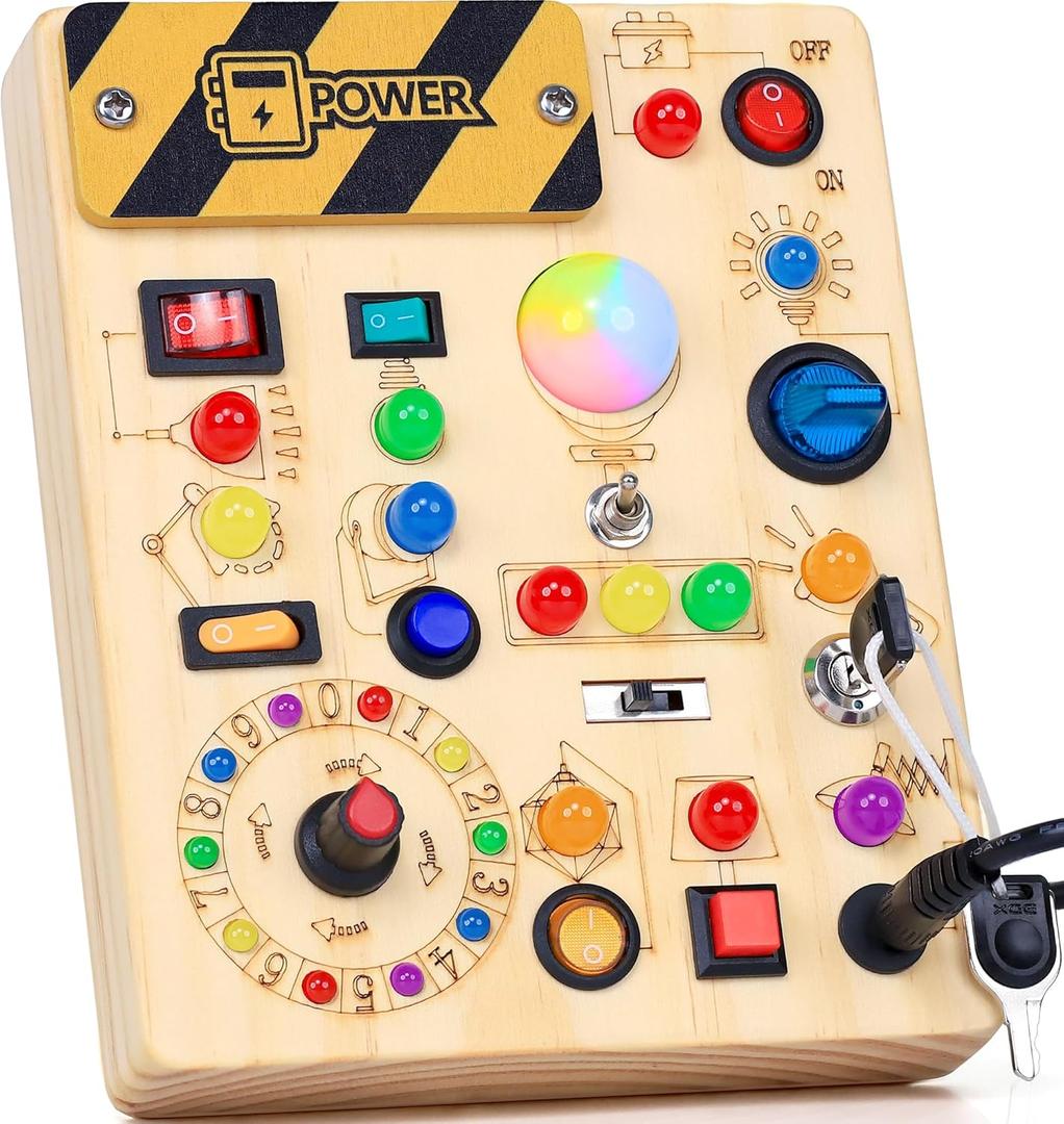 RichBoy Busy Board Toddler Toys Montessori Toys for 1-3 Year Old Boy Girl Birthday Gift for Grandkids, 37 in 1 LED Light Up Sensory Wooden Montessori Switch Board Toy - Learn and Travel (6.7" x 5.3")