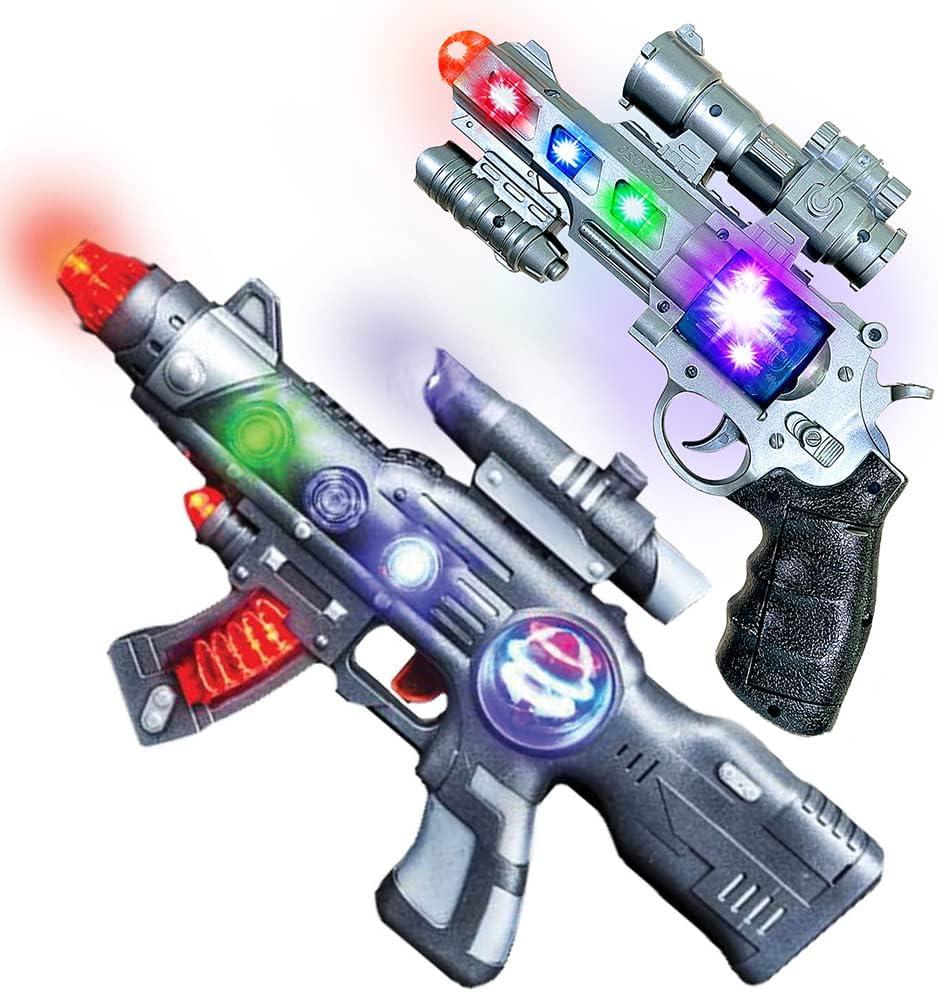 ArtCreativity LED Light Up Toy Gun Set - 2 Guns: 12.5 Assault Rifle & 9 Hand Pistol with Colorful Flashing LEDs & Sound, Super Ray Gun Blasters for Kids - Batteries Included