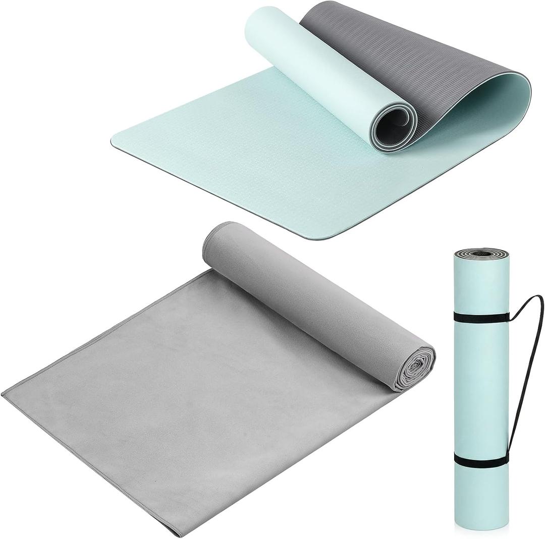 Woanger 2 Pack Hot Yoga Mat Thick 12mm and Towel Non Slip 72" x 26.5" Extra Large Absorbent Microfiber with Nylon Strap for Pilates Exercise Fitness Workout