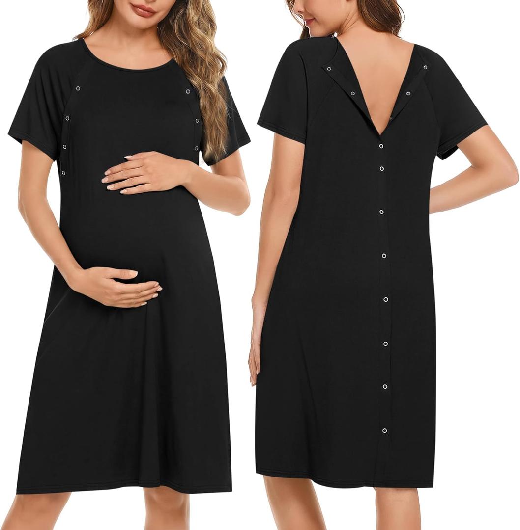 Ekouaer Womens Nursing/Delivery/Labor/Hospital Nightdress Short Sleeve Maternity Nightgown with Button (Medium, Black)