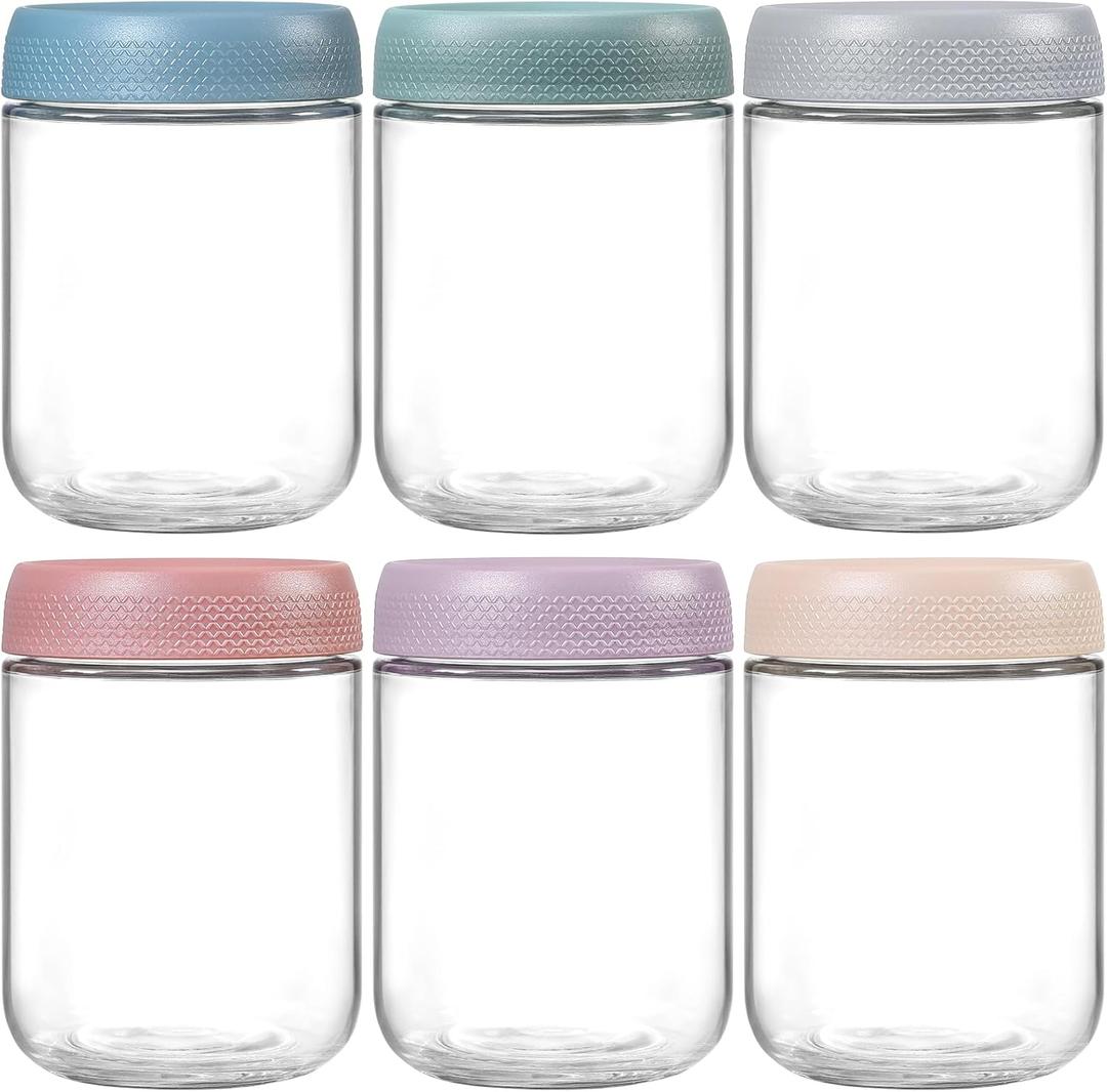 NETANY 6-pack 16 oz Overnight Oats Containers with Lids, Glass jars with Airtight Lids, Wide mouth Mason Salad jars, Glass Food Storage Containers for Snacks Yogurt Spice Sugar (Multicolor)