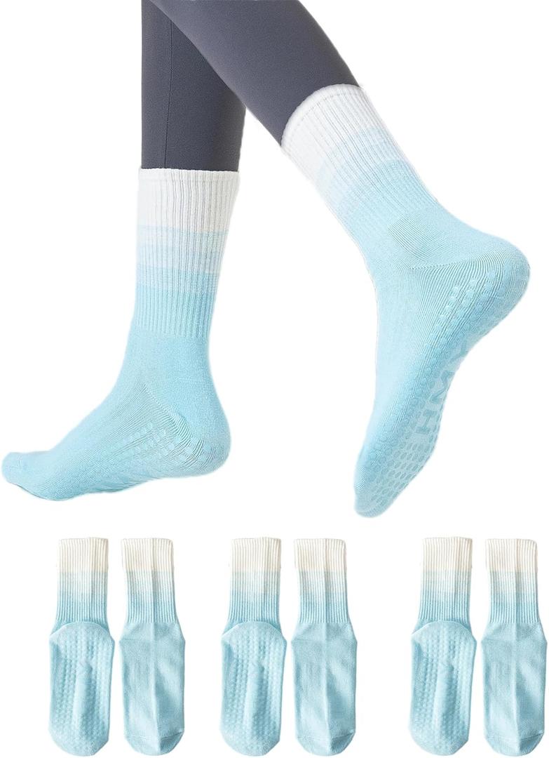 Ivyhouse Pilates Yoga Socks with Grips for Women - Colorful Non Slip Crew Athletic Socks - Cute Grippy Workout Hospital Socks, 5-10, 3 Pairs (Blue)