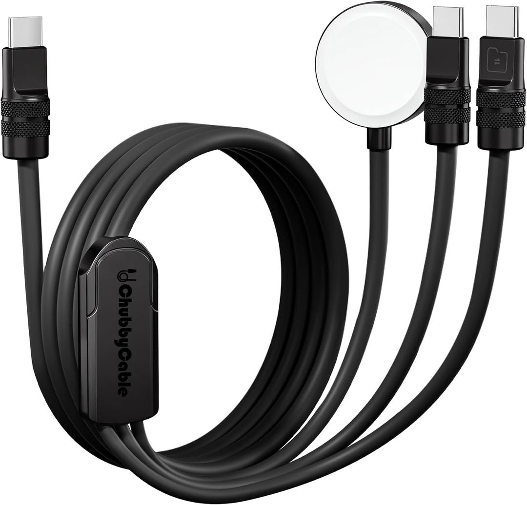 chubbycable Tri-Flex 3 in 1 USB C Cable for Apple Watch Charger Silicone 100W Multi Charging Cable Fast Charge Compatible with iPhone 17-15 Series iWatch iPad MacBook, 4.1FT, All Black