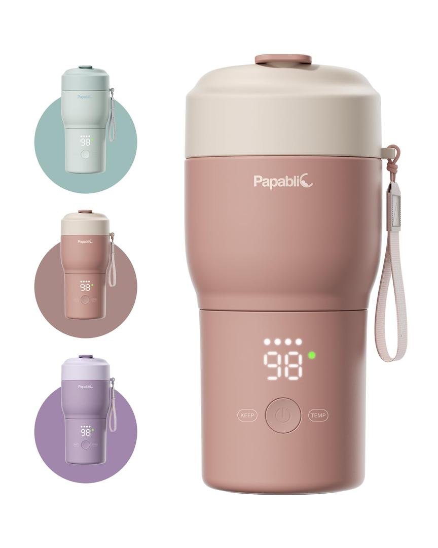 Papablic Pro Portable Bottle Warmer for Travel Fast Heating, Steam Sterilizer, 30W Fast Charge, 5-Temp Control, Easy-Clean Wide Mouth, Baby Milk Warmer for Breastmilk & Formula, Almond Rose