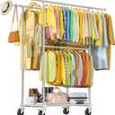 Stainless Steel Heavy Duty Clothes Rack Load 960LBS, Freestanding Garment Racks with Three Rods for Hanging, Rolling Clothing Rack with 360° Wheels for Bedroom Laundry Commercial
