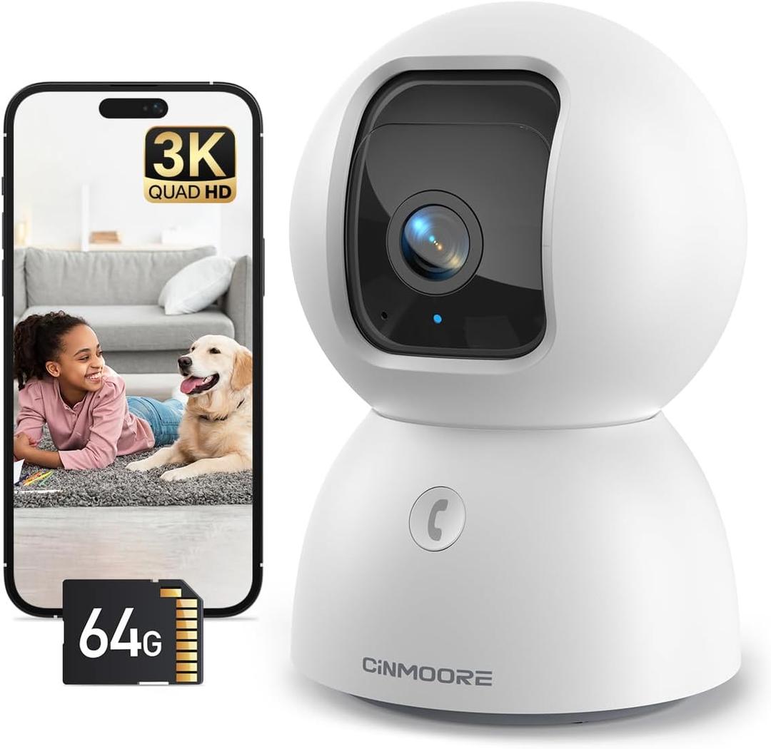 3K Indoor Camera with 64GB Card, Human/Pet/Facial AI Detection, Dog/Cat/Pet Camera Indoor with Phone APP, 5GHz 2.4GHz Dual Band Wi-Fi 6, 360 Pan Tilt Auto Tracking, Night Vision, 2-Way Talk