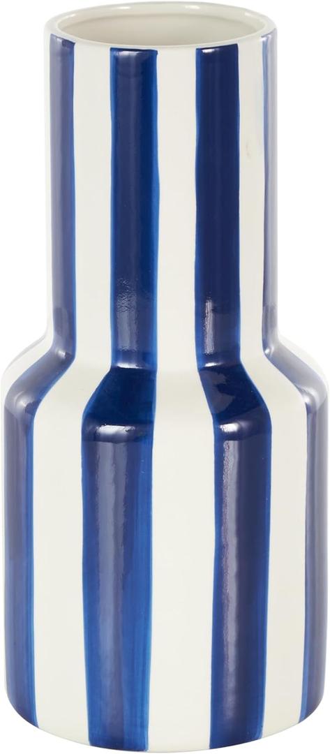 Deco 79 Ceramic Decorative Vase Round Centerpiece Vase with Blue Vertical Stripes, Flower Vase for Home Decoration 5" x 5" x 11", White