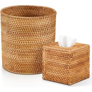 Teenyyou Log Color 2 Pcs Rattan Trash Can & Square Tissue Box Cover, Rattan Hand Woven Basket Set Wicker Bathroom Accessories for Bedroom Kitchen Office Organizer