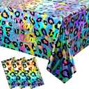 3 Pack Cheetah Print Tablecloth, Iridescent Neon Rainbow Leopard Party Decorations, Plastic Disposable Rectangle Safari Print Table Cover for Birthday, 54X108 Inch