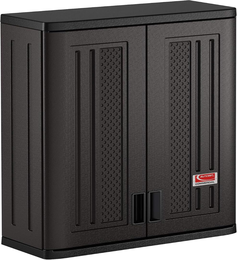 Suncast Commercial 4 Cubic Ft. Heavy-Duty Resin Wall Cabinet with Adjustable Metal-Reinforced Shelf, and Lockable Handles for Indoor and Outdoor Storage, Black, Made in the USA