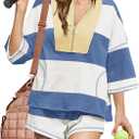 ReachMe Womens Workout Striped Short Sets 2 Piece Outfits Summer Matching Lounge Sets Top and Shorts with Pockets (Large, Blue)