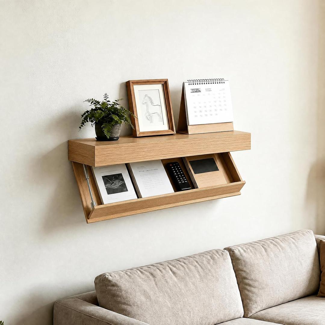 Wood Floating Shelves Wall-Mounted Racks with Hidden Storage Decorative Shelves for Wall, Long Floating Shelves with Inside Storage, for Bedroom Living Room Home Office, Natural Color 20.87"D x 6.89"W x 1.97"H