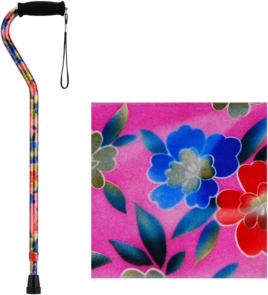 NOVA Designer Walking Cane with Offset Handle, Lightweight Adjustable Cane with Carrying Strap, Cane for Men and Women, Walking Canes for Balance, Pink Garden Design