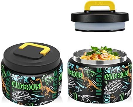 JXXM 8 Oz Thermo Food Jar for Hot & Cold Food for Kids, Insulated Lunch Containers Hot Food Jar,Leak-Proof Vacuum Stainless Steel Wide Mouth Lunch Soup Thermo for School (Black-Dinosaur Fossils)
