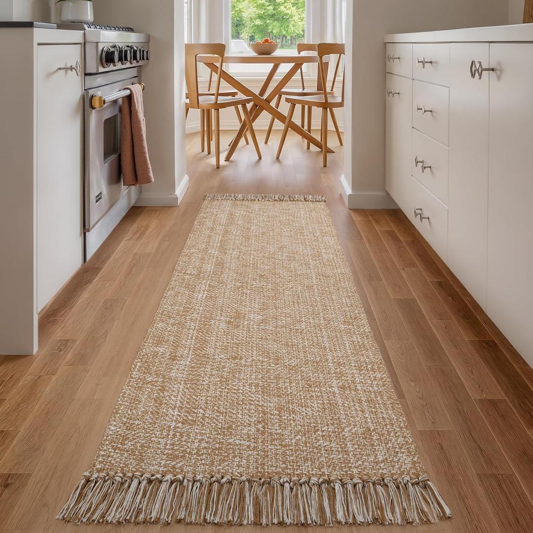 Collive Hallway Runner Rug, 2' x 6' Hand Woven Reversible Washable Entryway Rugs, Tan Cotton Modern Laundry Room Carpet Long Farmhouse Carpets for Bathroom Sink Foyer Bedroom
