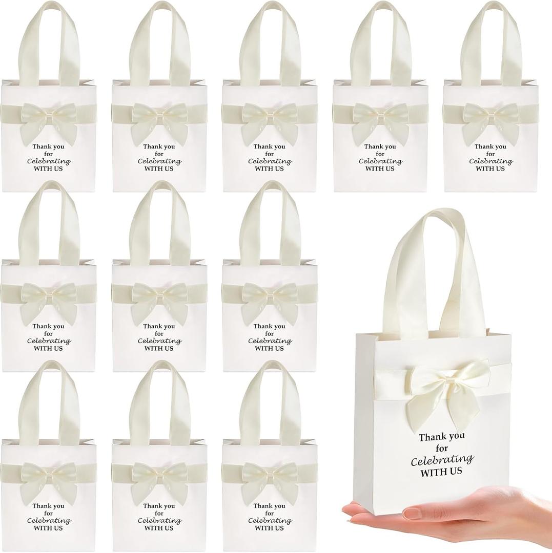 50 Pcs Wedding Gift Bags for Guests Bulk with Bow Ribbon Handles 6.2x7.2x2.5 Inch Wedding Favor Bag Thank You Gift Bags for Party Favor Bridesmaid Bags Bridal Shower Valentine Birthday Supplies(Beige)