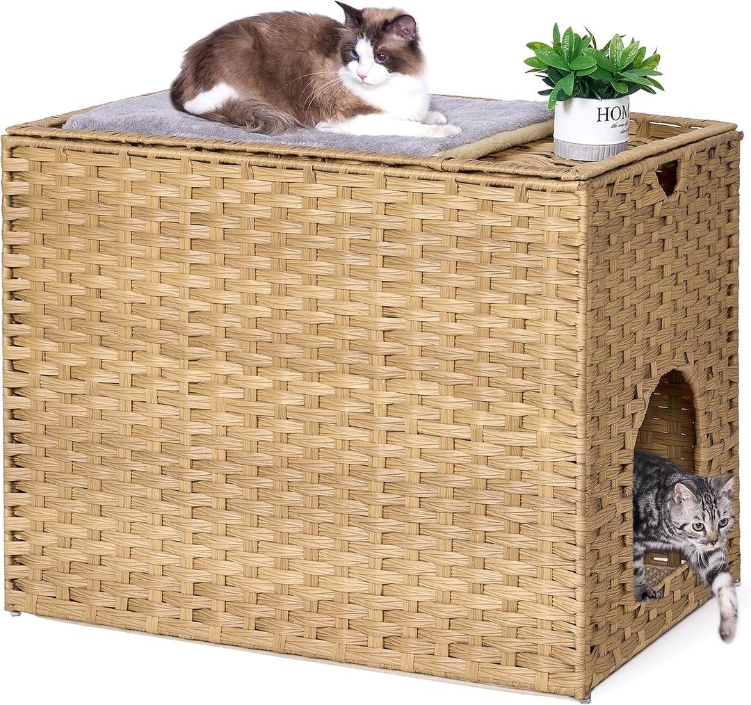 Cat Litter Box Enclosure with Litter Trapping Mat; Handwoven Plastic Rattan Cat House; No Installation Hidden Cat Washroom; Pet Crate for Balcony,Bedroom,Living Room 30.3'' L X 18.2'' W X 20.5'' H