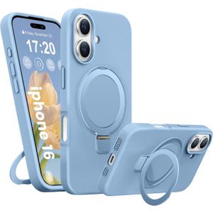Liquid Silicone Case for iPhone 16 with Magnetic Ring Stand, Military Grade Shockproof Protection, Anti-Scratch Microfiber Lining Covers for iPhone 16, Light Blue