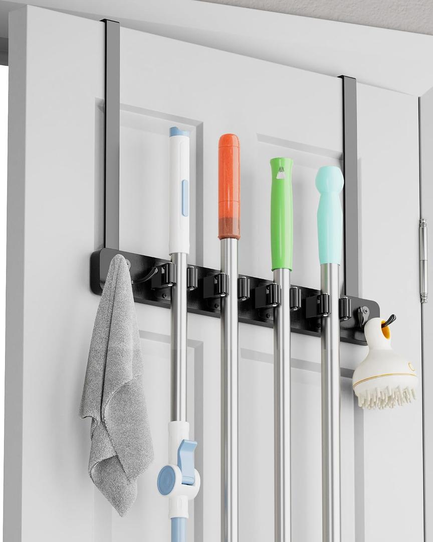 BS-VOG Over the Door Broom and Mop Holder, Broom Hanger, 4 Slots & 4 Hooks | Wooden Broom Holder Door Mount, No Drilling Required, EVA Door Protection Pads, Closet Garage Laundry Use, Black