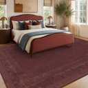 Muted Burgundy Washable 9x12 Area Rug for Living Room, Non-Slip Vintage Distressed Rug for Bedroom & Dining Room, Low Pile Stain Resistant Floor Carpet, Traditional Farmhouse Décor