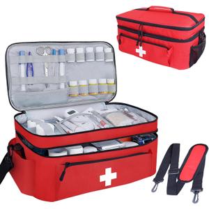 First Aid Bag Empty Large Medical Bag with Shoulder Strap 16x 9 x 7 Medicine Organizer Box Travel First Aid kit Emergency Supplies Storage Bag for Car, Home, Office, Outdoor (Red)