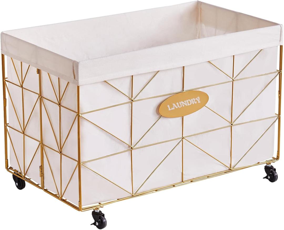 Mxfurhawa Laundry Hamper, 65L Collapsible Laundry Basket Large Capacity Metal Laundry Hamper with Removable Liner, Rolling Wheels and Collapsible Design for Storage and Organization (65L Rectangular) (65L-LB-Gold)