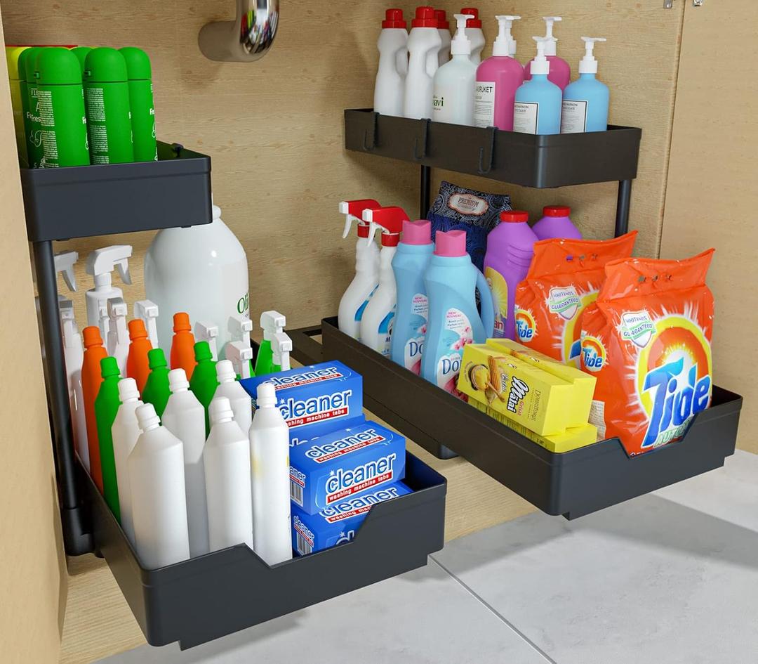 2 Pack Under Sink Organizer 2 Tier Sliding Cabinet Organizers Multi-Purpose Sink Storage Basket L-Shape Narrow Space Storage Shelves with 4 Hook for Kitchen Bathroom Drawer, Black