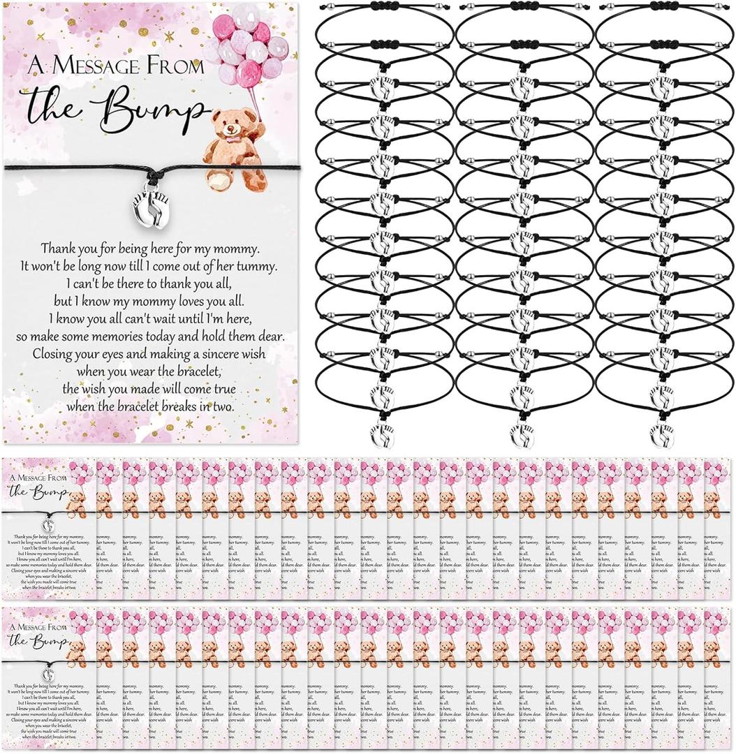 Thyle 50 Set Pink Bear Baby Shower Favors for Guests Adjustable Bracelets with Message from the Bump Card Footprints Charm Baby Shower Bracelets for Gender Reveal Thank You Gifts