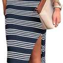 PRETTYGARDEN Women's Summer Bodycon Sundresses Casual Midi Sleeveless Hollow Out Knit Side Slit Striped Long Tank Dress (Striped Navy White, Medium)