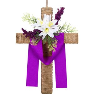 Dingion Easter Wreaths for Front Door Decor Easter Cross Wreath Christian Hanging Signs for Spring Home Farmhouse Porch Hanger Wall Indoor Outdoor Decoration