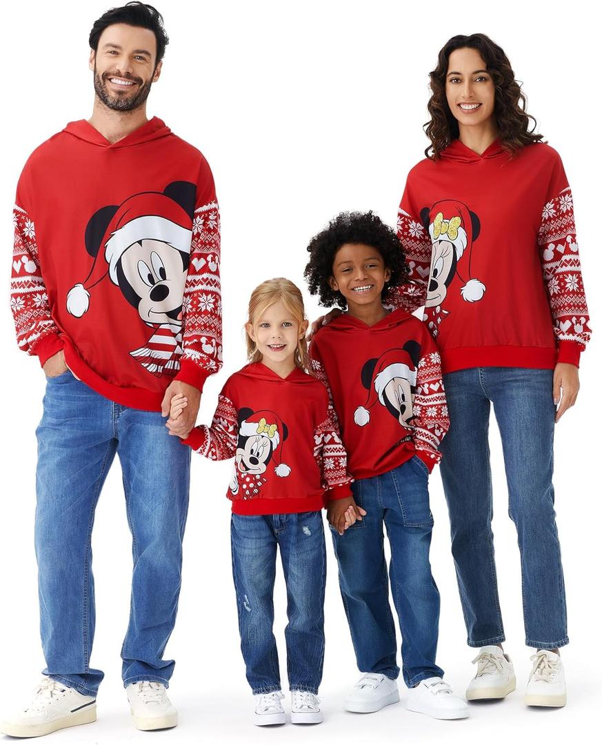 Disney Mickey and Friends Family Matching Christmas Hooded Sweatshirt Casual Mickey Snow Pattern Long Sleeve Pullover Hoodies (X-Large, Red)